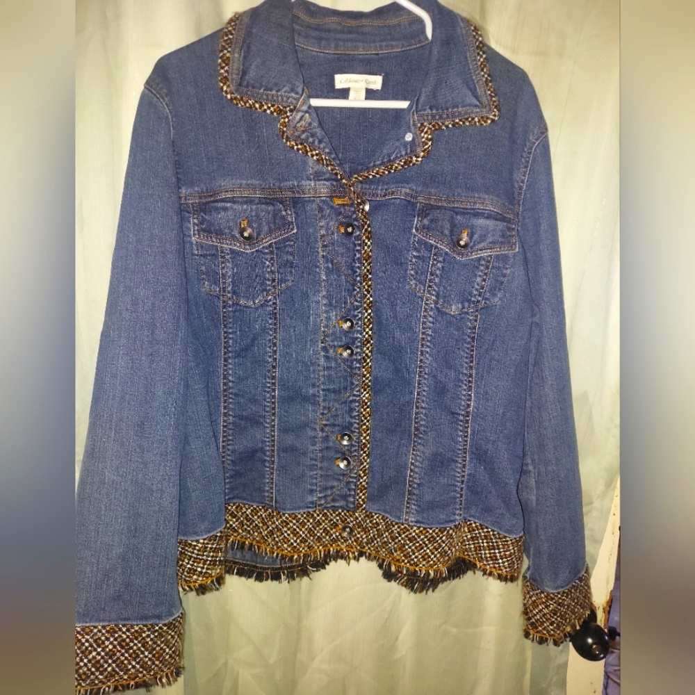 Womens plus size Vintage Y2K Coldwater creek tweed trim Jean jacket